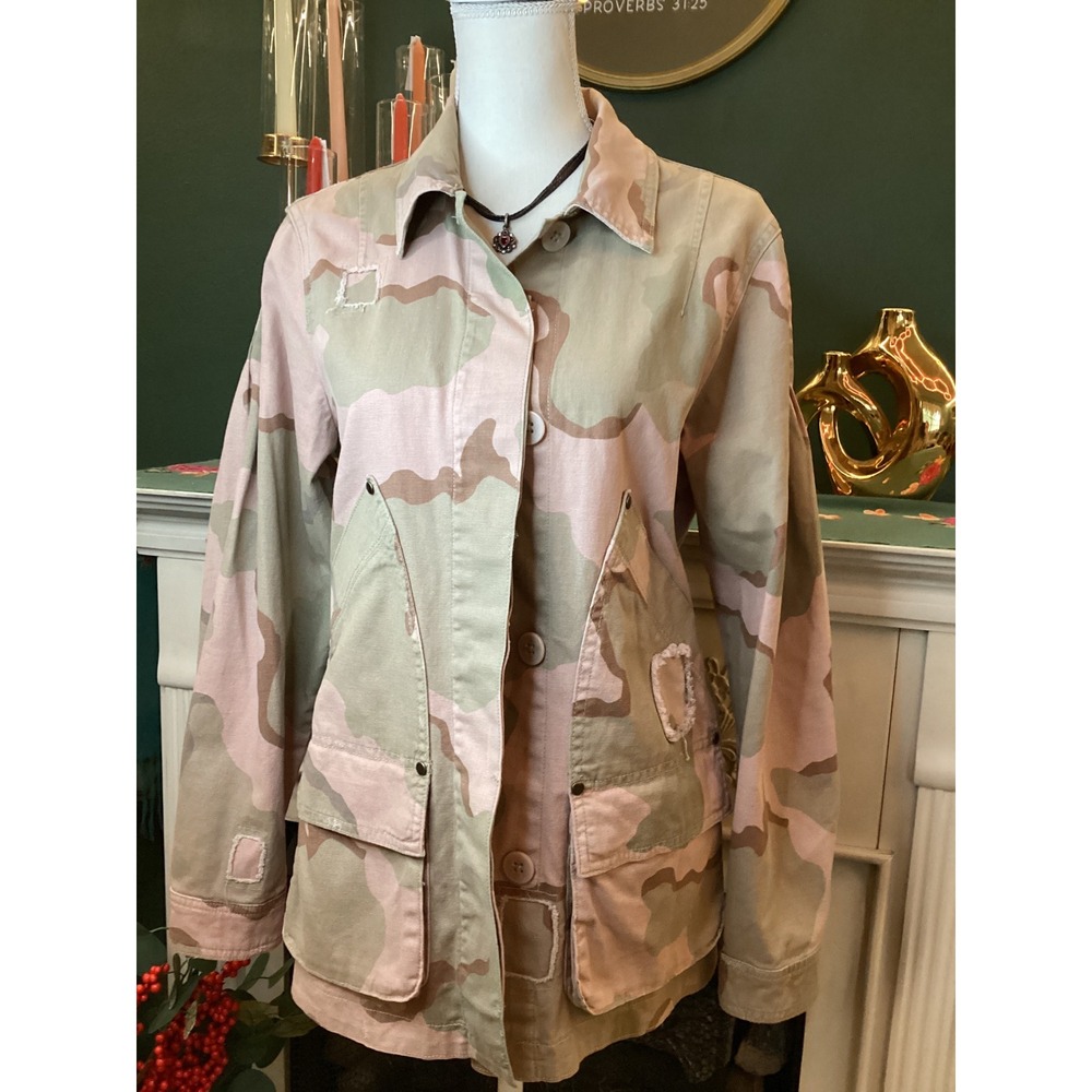 Anthropologie Camo Utility Jacket Button Front Belted Pink Green Women's‎ Small